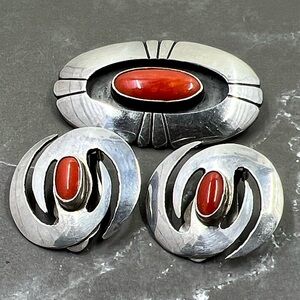 Vintage Native Navajo Sterling Spiny Oyster Pin Brooch & Earrings